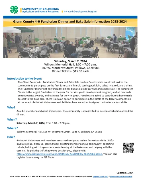 Glenn County 4-H Fundraiser Dinner Information Sheet 2023-2024