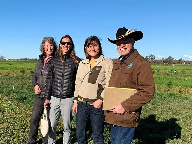 En el campo de experimentos ubicado al oeste de Davis en marzo del 2019 se encuentran, de izquierda a derecha Kate Scow, del Departamento de Recursos de la Tierra, Aire y Agua de UC Davis y co principal investigadora del estudio sobre el trigo; Liz Carlisle, de UC Santa Barbara; Kalyn Taylor, del Departamento de Ciencias de las Plantas de UC Davis y la autora principal del reporte más reciente y Bob Quinn, quien obtuvo un doctorado en UC Davis, luego regreso a casa en Montana para hacerse car