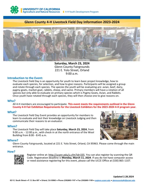 Glenn County 4-H Livestock Field Day Information Sheet 2023-2024