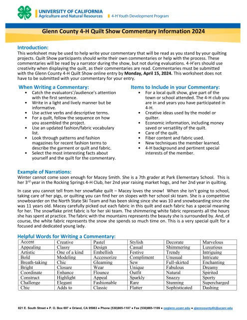 2024 Glenn County 4-H Quilt Show Commentary Information and Guide