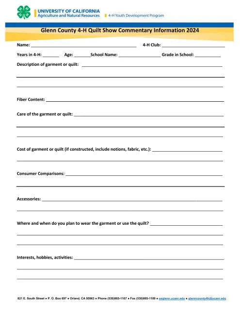 2024 Glenn County 4-H Quilt Show Commentary Information and Guide Page 2