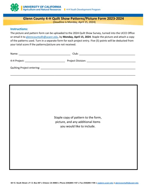 Glenn County 4-H Quilt Show Patterns and Pictures Form 2023-2024