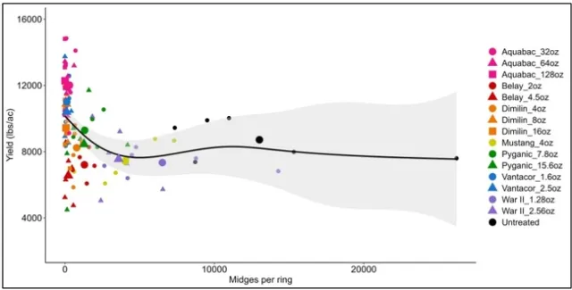 Graph showing the relationship between midge counts and yields and across treatment replicates.