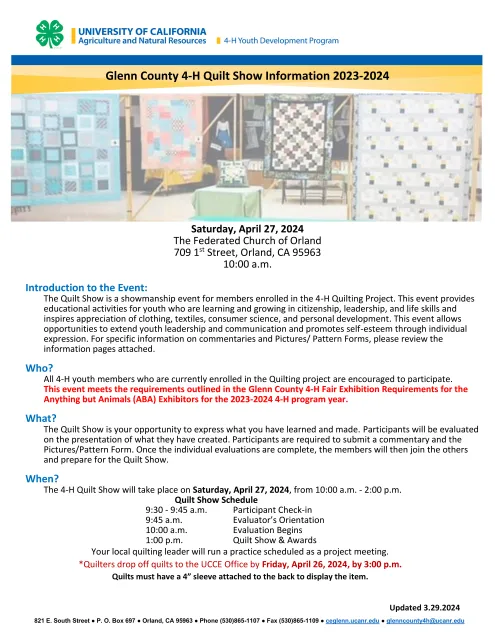 Glenn County 4-H Quilt Show Information Sheet 2023-2024