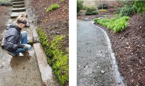 Left - person clearing a clogged gutter. Right - water flowing freely.