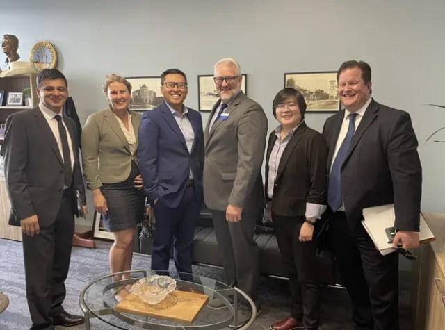 From left, Haris Gilani, Lenya Quinn-Davidson, Assemblymember Vince Fong, Brent Hales, Cindy Chen and Gabe Youtsey.
