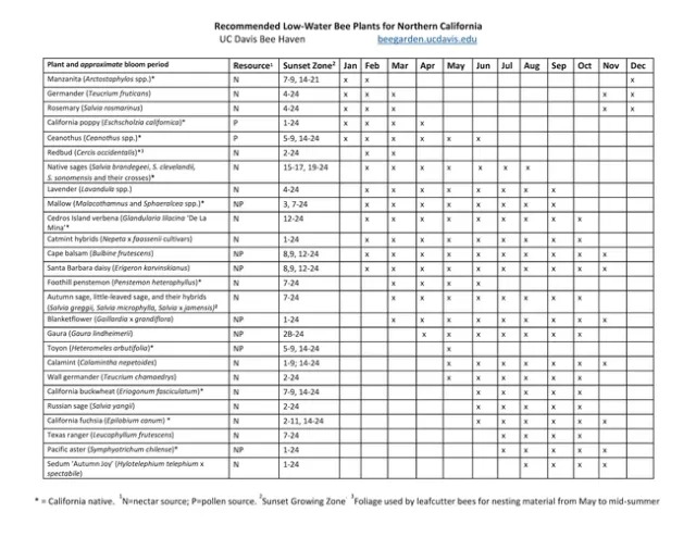 List of recommended low water bee plants for Northern California