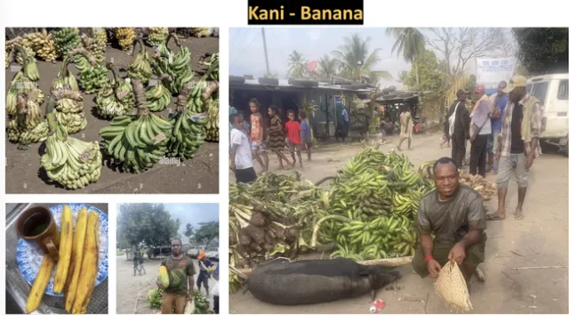 Phil Waisen crouches on the ground beside bunches of bananas. One image shows four yellow bananas on a blue plate with a brown cup of tea or coffee.