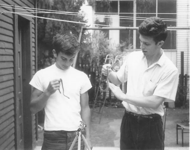 Childhood days. John De Benedictus (left) holds what appears to be a young blue racer while his brother, Paul appears to be holding a gopher snake, both likely collected in the Berkeley hills. The image may have been taken in 1955.