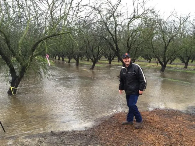 Roger smiles as he stands in a flooded dormant almond orchard