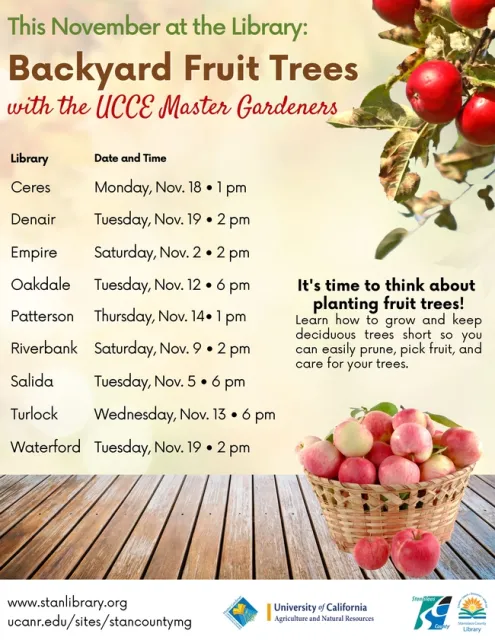 Date Time Branch11/2 Sat 2:00 pm Empire11/5 Tues 6:00 pm Salida 11/9 Sat 2:00 pm Riverbank11/12 Tues 6:00 pm Oakdale11/13 Wed 6:00 pm Turlock 11/14 Thurs 1:00 pm Patterson11/18 Mon 1:00 pm Ceres 11/19 Tues 2:00 pm Denair11/19 Tues 2:00 pm Waterford