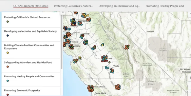 A map of California with colored dots for each of the 7 public values indicating locations of impact.