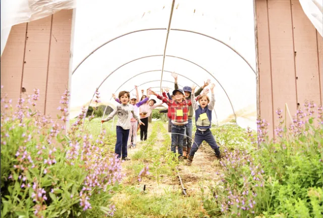 Kids wave their arms inside a crop shade structure tunnel.