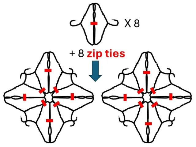 Schematic showing how to take 8 pairs of hangers and connect them to form 2, 4-point snowflakes