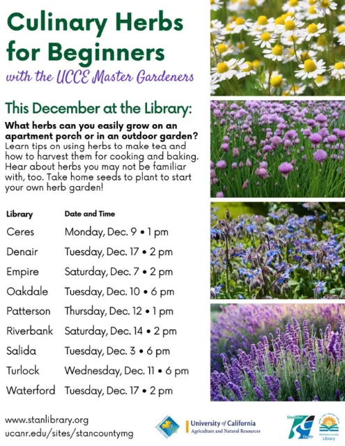 12/3 Tues 6:00 pm Salida12/7 Sat 2:00 pm Empire12/9 Mon 1:00 pm Ceres12/10 Tues 6:00 pm Oakdale12/11 Wed 6:00 pm Turlock 12/12 Thurs 1:00 pm Patterson12/14 Sat 2:00 pm Riverbank12/17 Tues 2:00 pm Denair12/17 Tues 2:00 pm Waterford