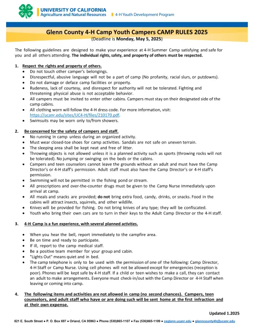 Glenn County 4-H Camp Rules Youth Campers 2025