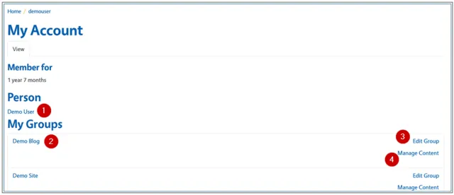 My Account page showing a person's profile, groups, and options to edit a group or manage content