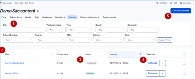 Manage Content page showing filters, content list, status, editing options and the Add new content button