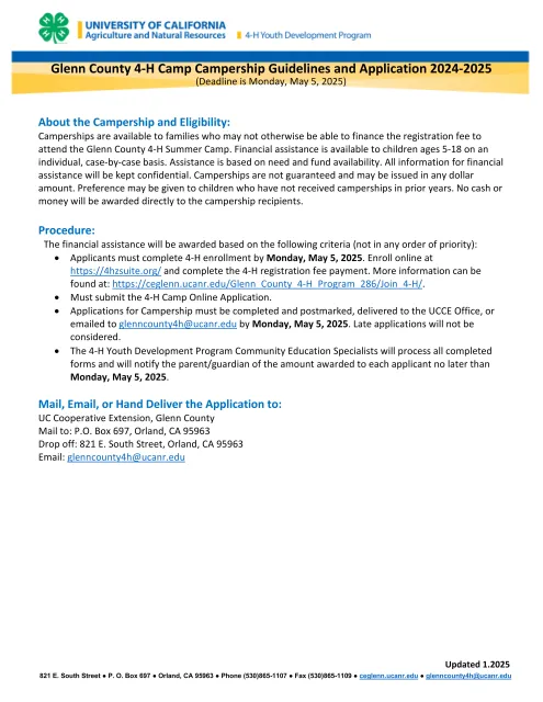 Glenn County 4-H Campership Guidelines and Application 2024-2025