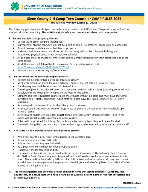 Glenn County 4-H Camp Rules Teen Counselors 2025