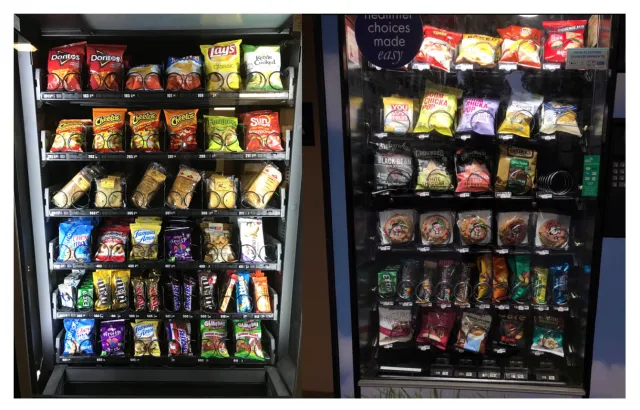 Two vending machines side by side. The one on the left contains less healthy processed food items, and the one on the right contains healthier food items and snacks.