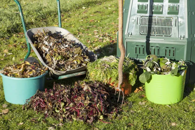 A wheelbarrow and bins filled with garden waste beside a compost bin.