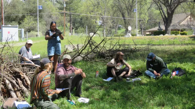 Group of people sitting and standing outside participate in a forestry class.