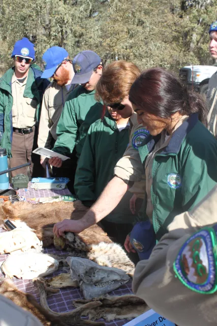 Corpsmembers feeling fur pelts.
