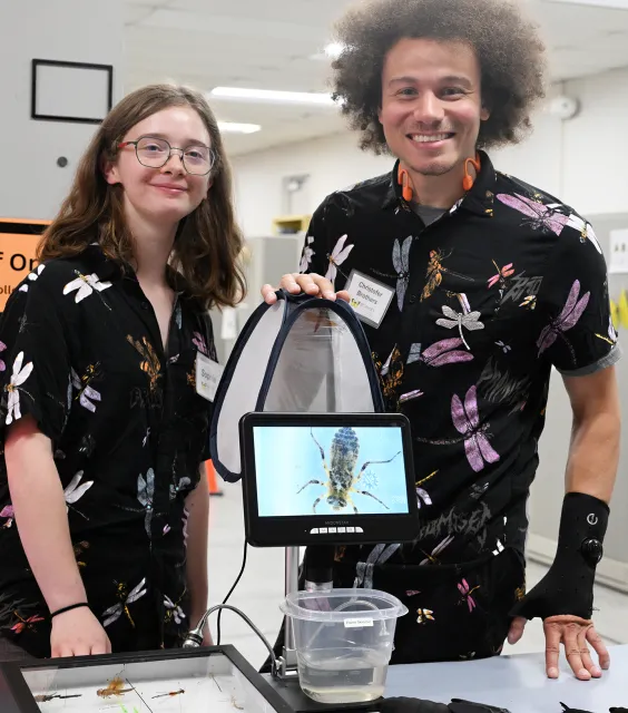 UC Davis doctoral candidate Christofer Brothers with undergraduate Sophia Phillips. (Photo by Kathy Keatley Garvey)