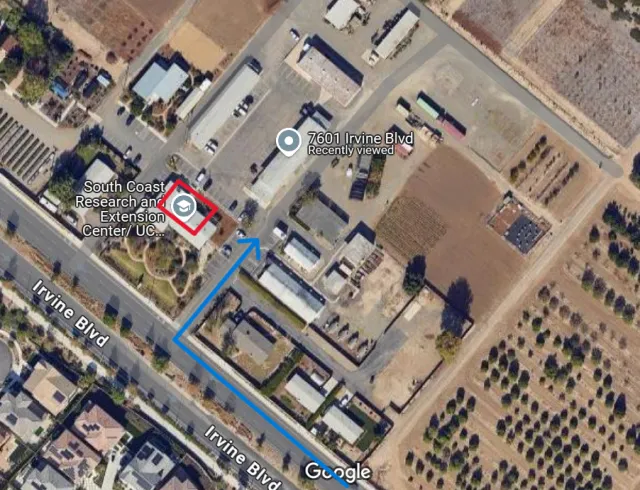 Google Maps View of South Coast Research and Extension Center at 7601 Irvine Boulevard in Irvine, California, with a blue line indicating the driveway and a red rectangle indicating the main office