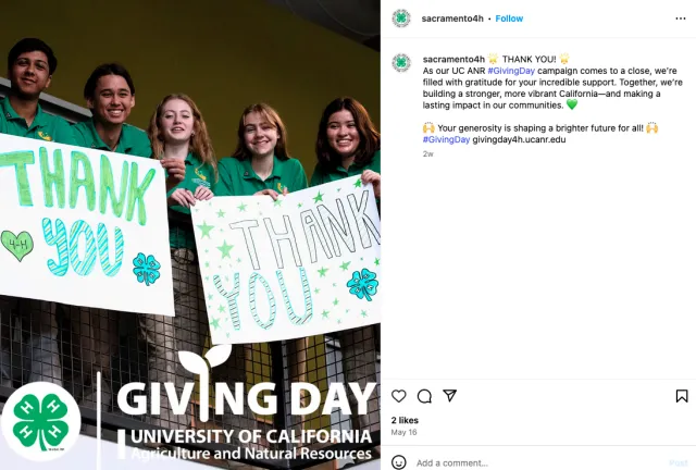 Sacramento 4-H: THANK YOU! As our UCANR Giving Day campaign comes to a close, we're filled with gratitude for your incredible support. Together, we're building a stronger, more vibrant California -- and making a lasting impact in our communities. Your generosity is shaping a brighter future for all!