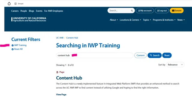 Content Hub search results filtered to a specific UC ANR site