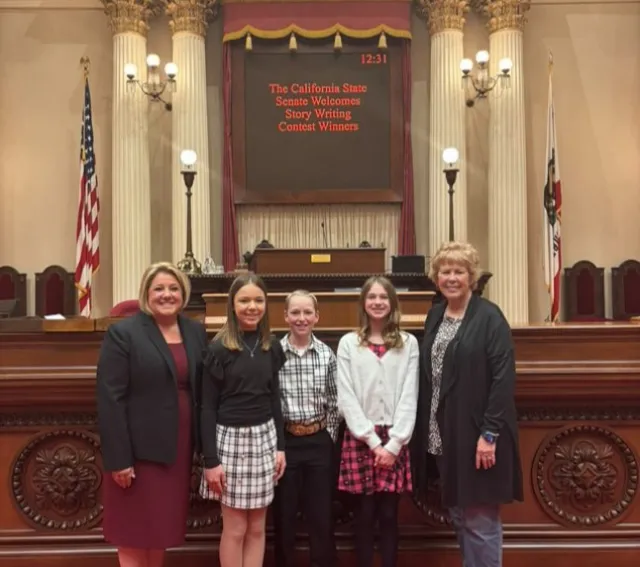 (L to R) are Colleen Delahanty (Turlock Eagles community club leader), Jayna, Josiah, Ava and their Story Writing Project leader, Sheila Amaral.