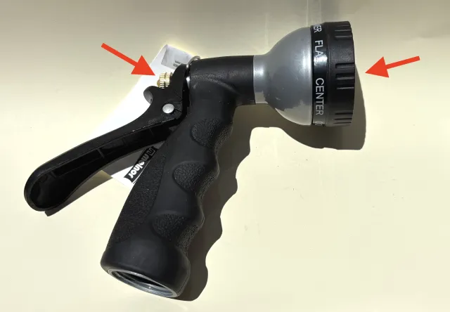 A trigger-style nozzle that has several spray options. Arrows point to the parts that can be unscrewed to take apart the nozzle for cleaning and repair.