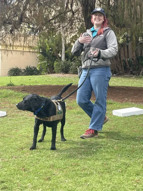 Person standing in grass area holding a black dog on a leash.