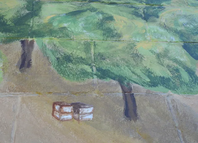 Joi McNeil's bee hives in an orchard. (Photo by Kathy Keatley Garvey)