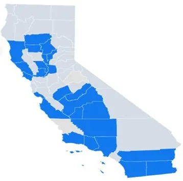 Map of CA highlighting counties our program covers