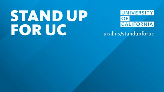 "Stand up for UC" on a blue background