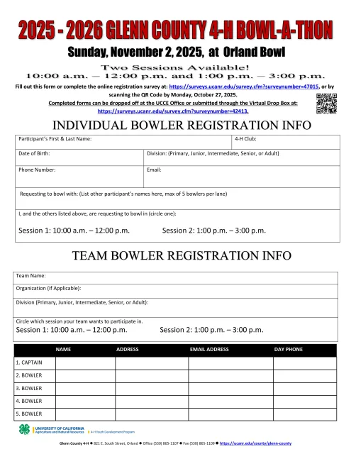 Glenn County 4-H Bowl-A-Thon Registration Form 2025-2026