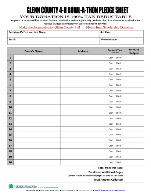 Glenn County 4-H Bowl-A-Thon Pledge Sheet 2025-2026