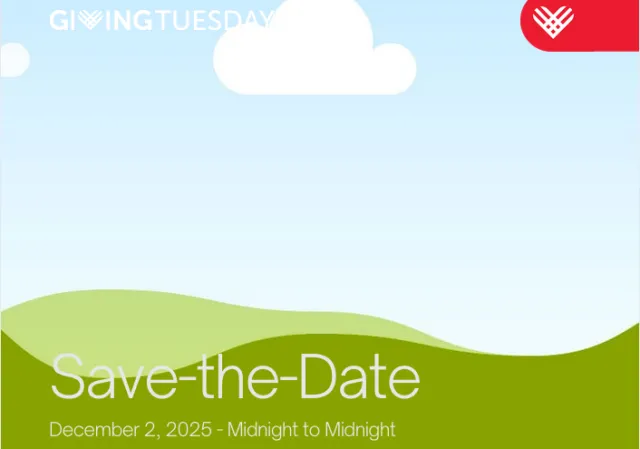 "Giving Tuesday save the date Dec 2, 2025, midnight to midnight" on a green and blue background