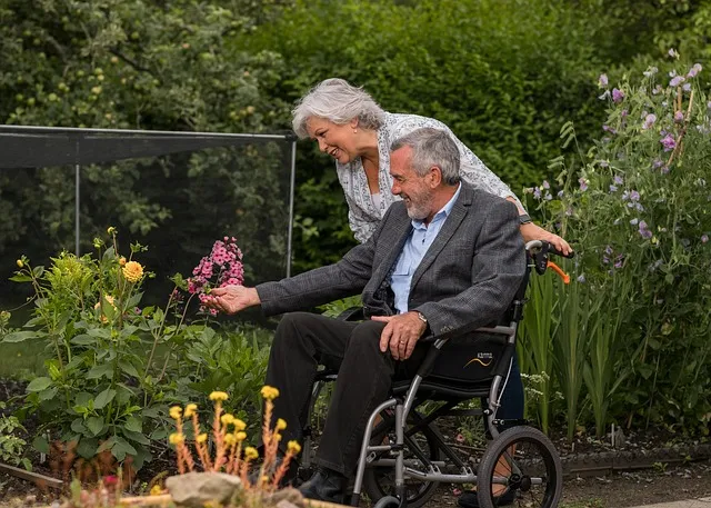 A man in a wheel chair and a woman standing with him admiring a garden.