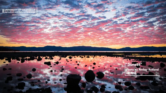 Pink and orange clouds are reflected in the water below