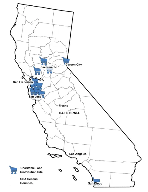 A map of California counties showing locations across the state of SNAP disruption charitable food distribution data collection sites in the San Francisco Bay Area, Sacramento, Truckee/Reno, and San Diego areas.