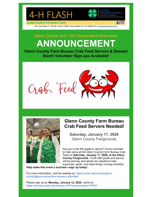 Farm Bureau Crab Feed News Flash Announcement for Servers & Dessert Booth 12.5.2025