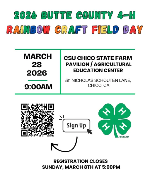 2026 Rainbow Craft Field Day Flyer - includes event date and location and a QR code for registration
