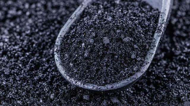Photo of black, crumbly biochar with a scoop in it