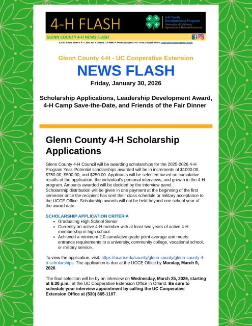 Glenn County 4-H News Flash January 30 2026 - Scholarship Applications, Leadership Development Award, 4-H Camp Save-the-date, and Friends of the Fair Dinner_001.jpg