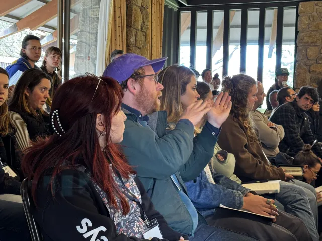 Conference attendees listen to workshops during EcoFarm 2026