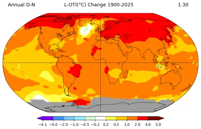 A map of the warming earth over the last century, colored in red and orange
